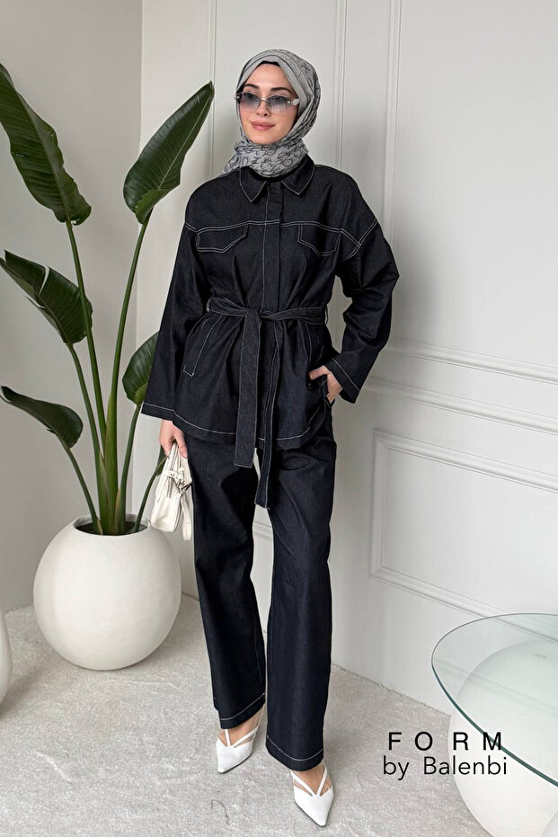Comfortable Cut, Tie-Detail, Hijab-Friendly Women's Denim Suit 1165 – Form Series