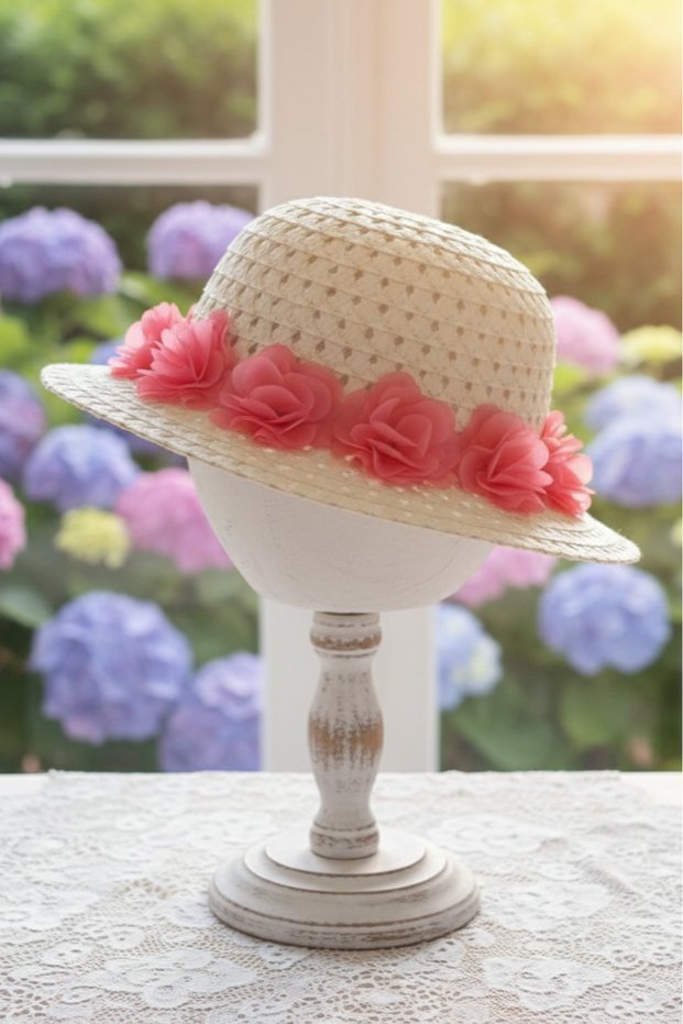 Floral Straw Girl's Hat 2/9 Years Old Fedora Hat for April Shows Aby206