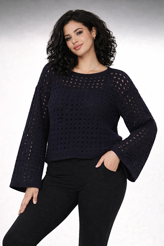 Navy Blue Spanish Sleeve Openwork Women's Knitwear Crop