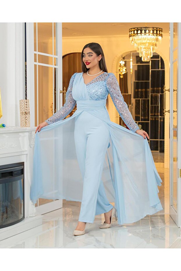 Éclore - Tulle Sleeve & Draped Chiffon Cape Detail Jumpsuit Evening Dress