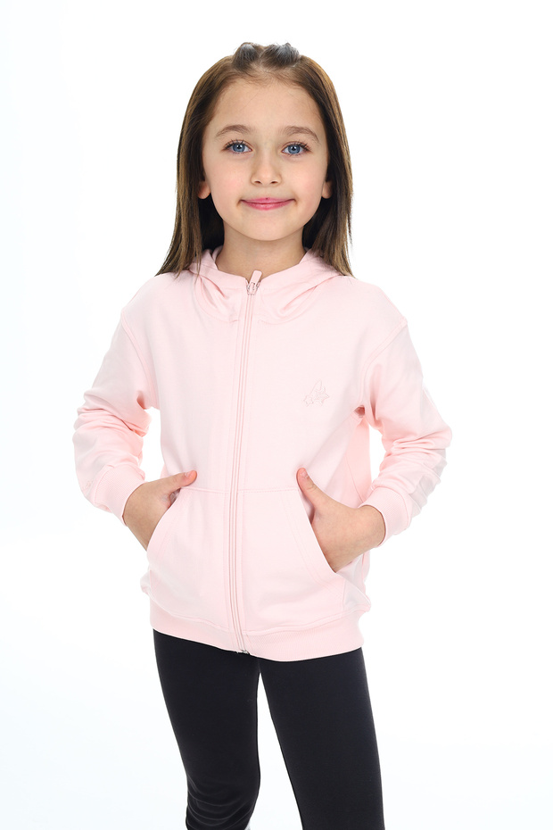 Girl's Hooded Zippered Pockets Off Shoulder Embroidery Printed Knitted Cardigan - 2 Yarn