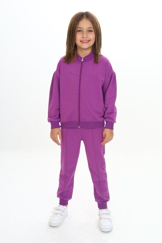 Girl's 2-Piece Set Embroidered Printed Stand Collar Zippered Sweatshirt & Ribbed Cuff with Pocket