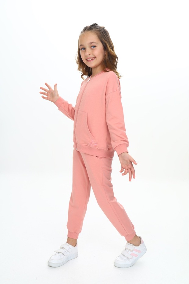 Girl's 2-Piece Set Embroidered Printed College Collar Zippered Pocket Sweatshirt & Ribbed Waistband