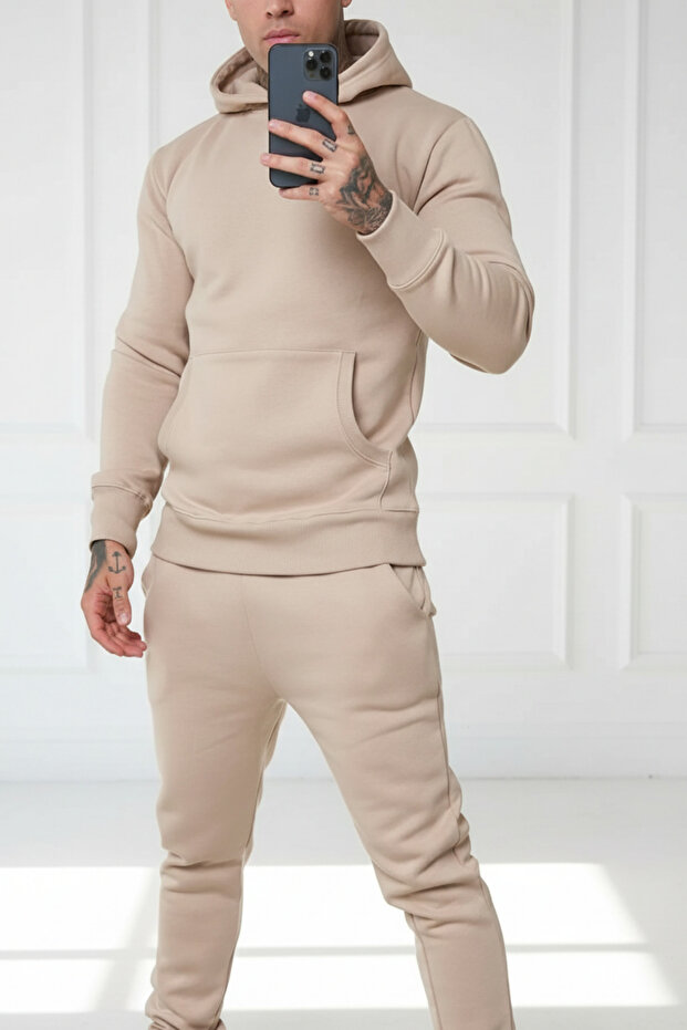 Men's Hooded Tracksuit Set with Raised Inside, Relaxed Fit and Elastic Legs - Sports