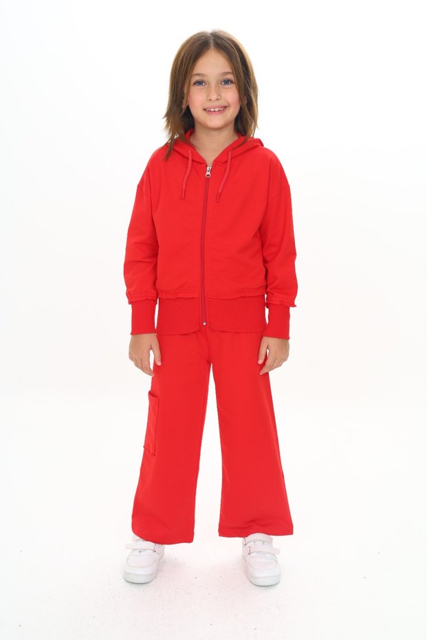 Girl's 2-Piece Set Hooded Zippered Sweatshirt & Elastic Waist Wide Leg Pocketed Sweatpants a