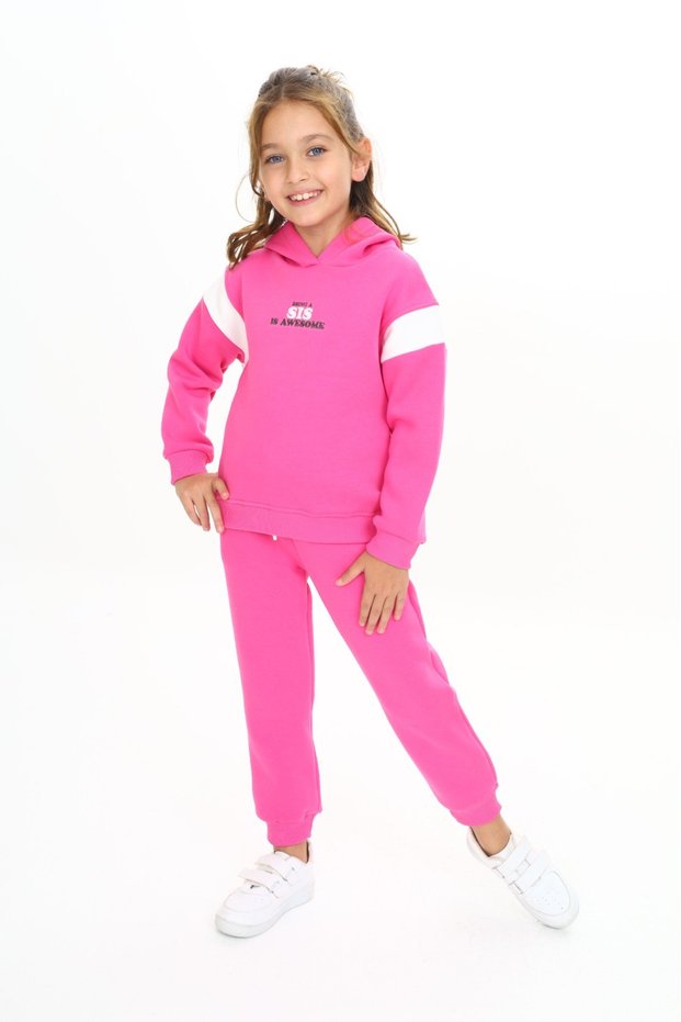 Girl's 2-Piece Set Printed College Collar Zippered Pocket Sweatshirt & Ribbed Waistband Jo