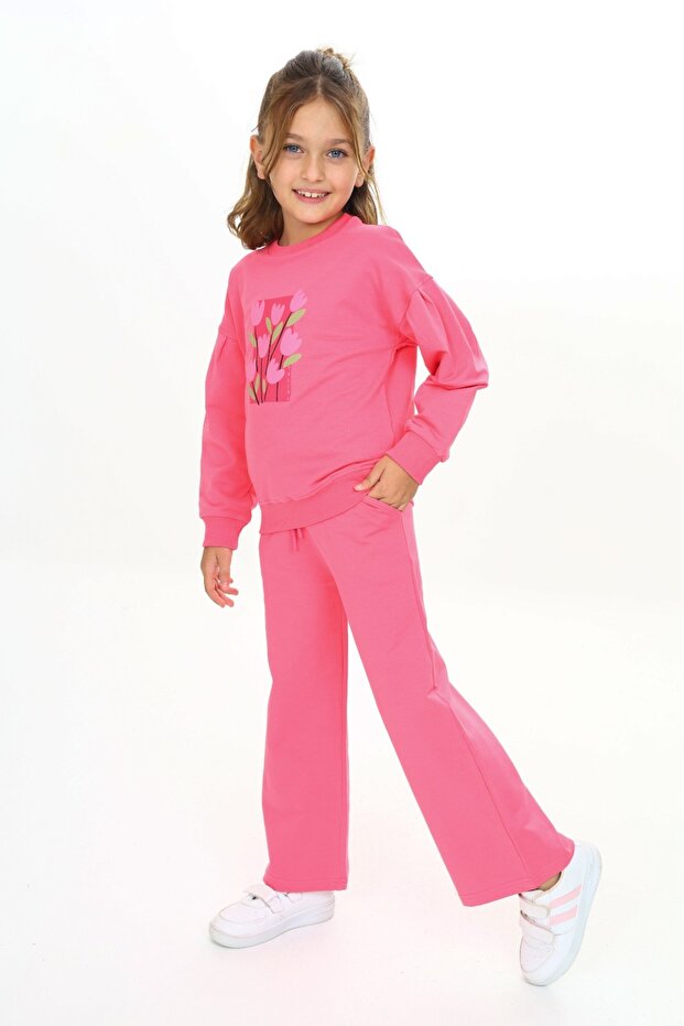 Girl's 2-Piece Set Printed Crew Neck Sweatshirt & Wide Leg Sweatpants with Elastic Waist