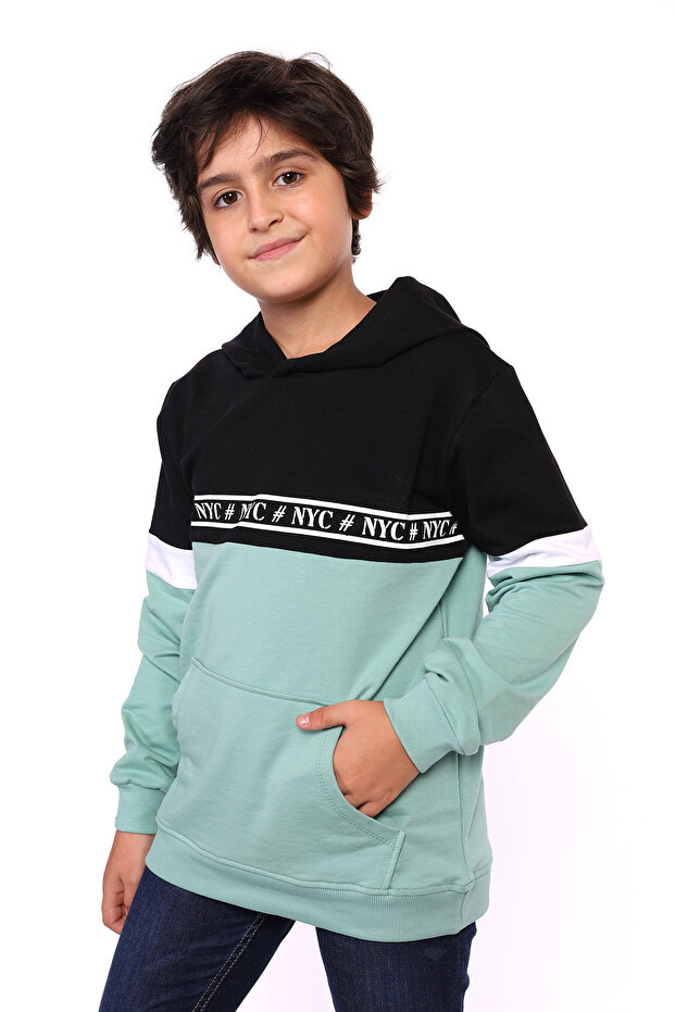 Boy's Relax Fit Hooded Pocket Color Block Printed Sweatshirt - 2 Yarns