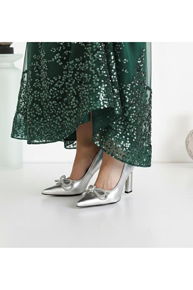 Transparent Heel Pointed Toe Silver Evening Dress Shoes with Jewelled Bow on the Front