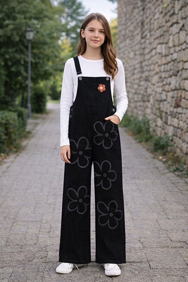 Daisy Printed Girls' Denim Salopet