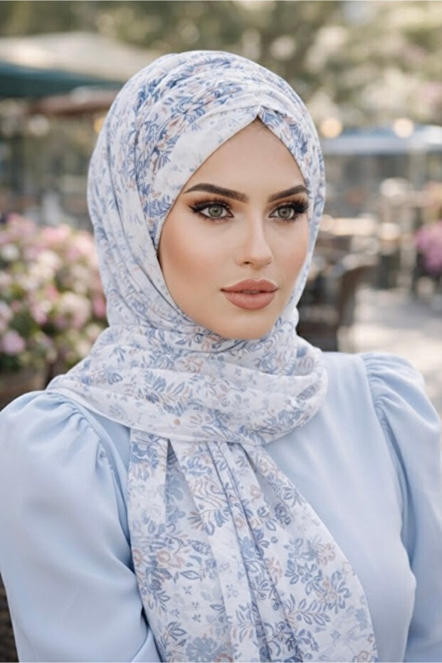 شال جاهز بنمط الربيع باللون الأبيض والأزرق - 2