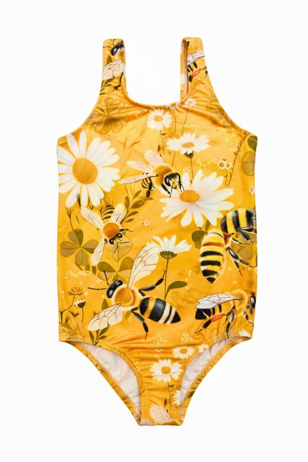 Girls' Swimsuit Honeybee Floral Printed Pattern Comfortable Quick Drying Swimwear Sea Pool Beach Bathing Suit