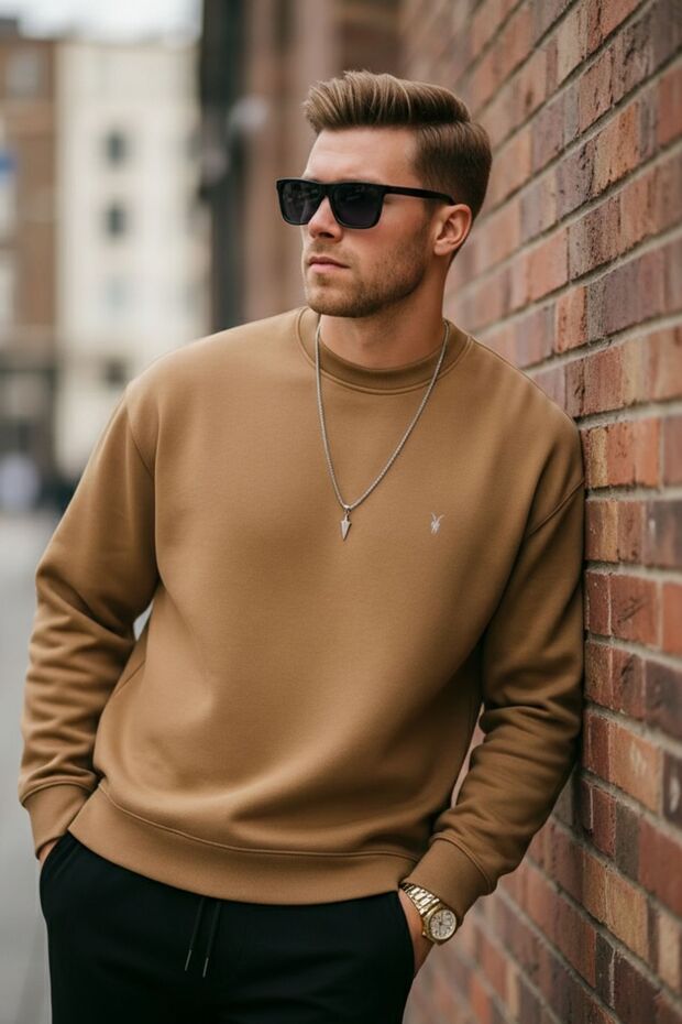 Karamel Renk Basic Bisiklet Yaka Relaxed Regular Erkek Sweatshirt - 8