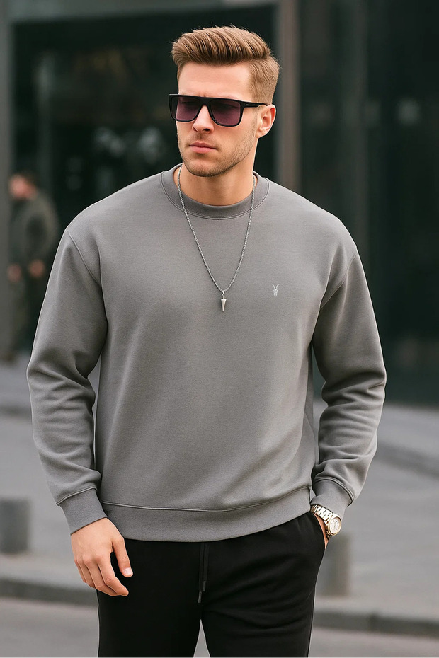 Gri Renk Basic Bisiklet Yaka Relaxed Regular Erkek Sweatshirt - 3