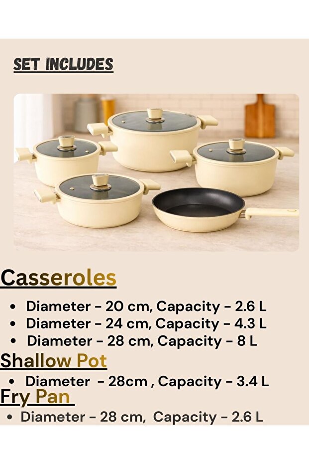 3933, Oyester Beige, 9 pcs, Granitec Cookware set