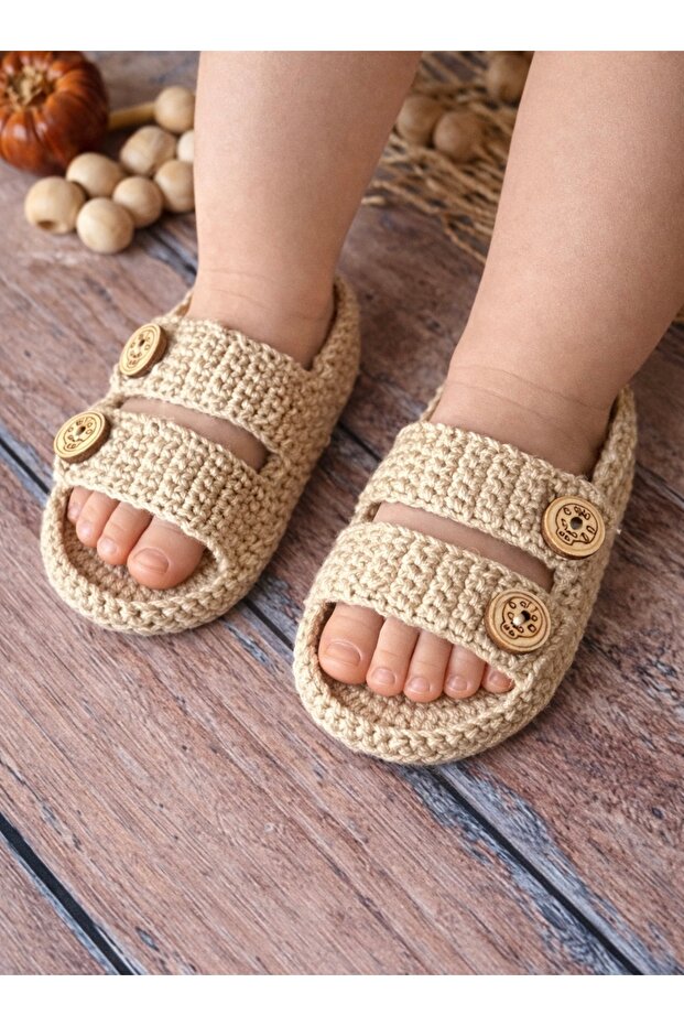 Hand Knitted Summer Beige Color Unisex Baby Sandals Booties