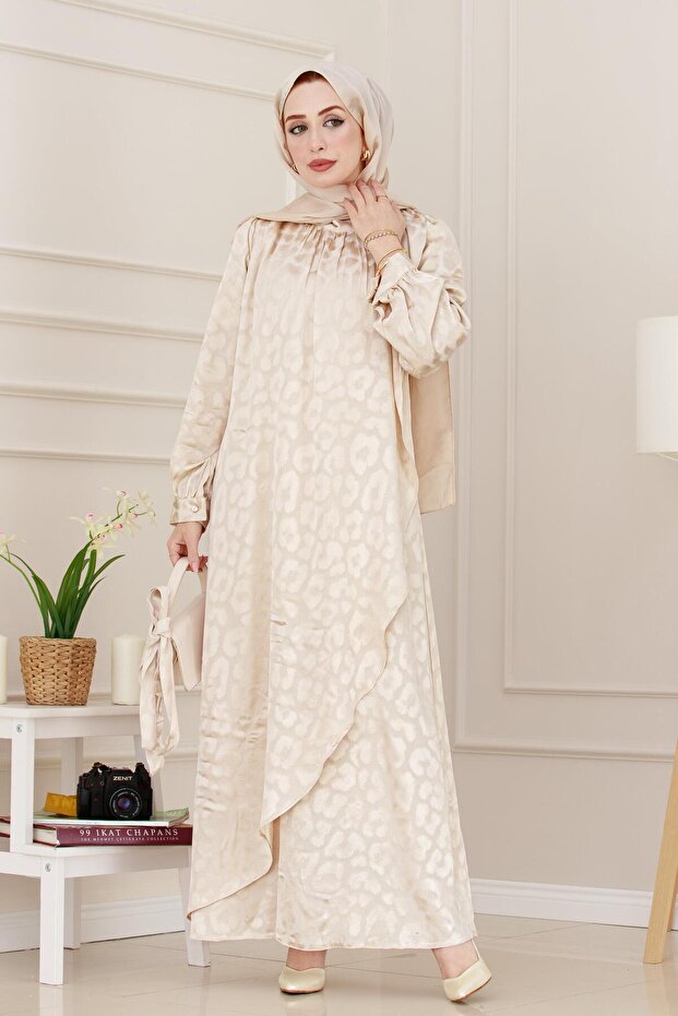 Layered Detailed Eflan Satin Evening Dress-Beige