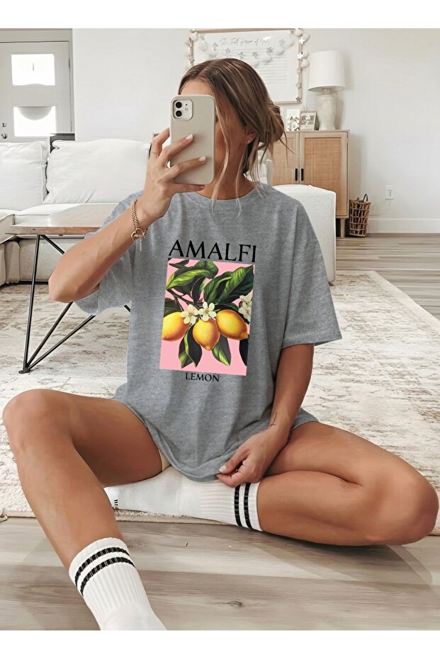 Women's Oversize Amalfi Lemon Printed Gray T-Shirt