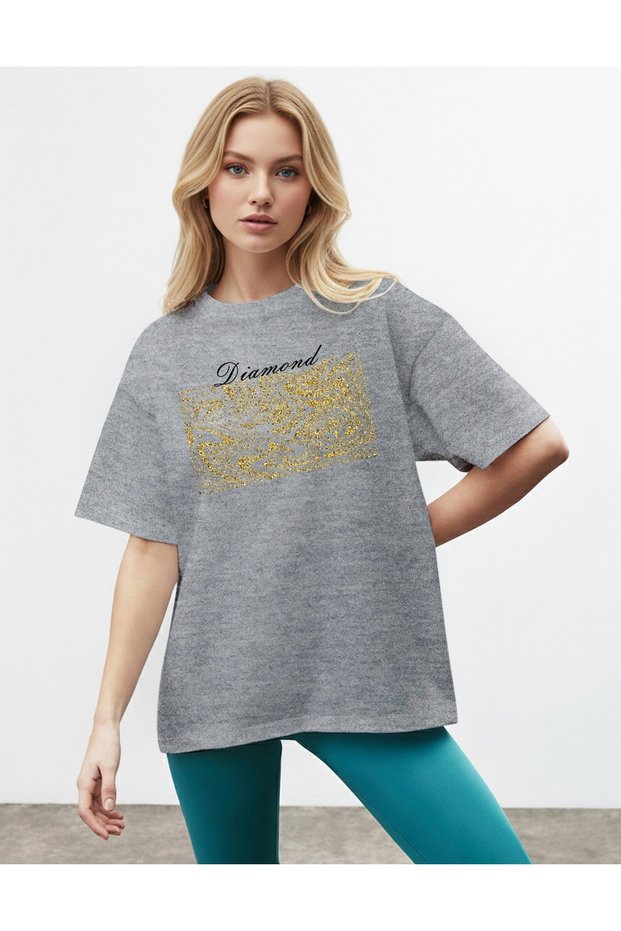 Women's Glittery Look Printed Crew Neck Gray T-Shirt