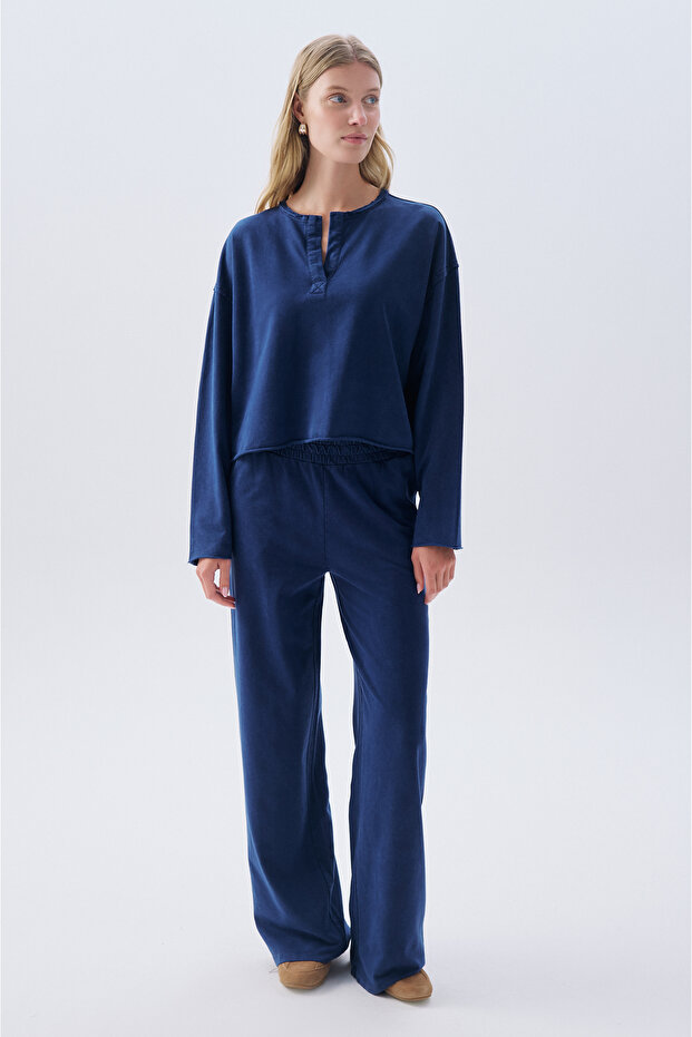 Women's Navy Blue Regular Fit Elastic Waist Trousers