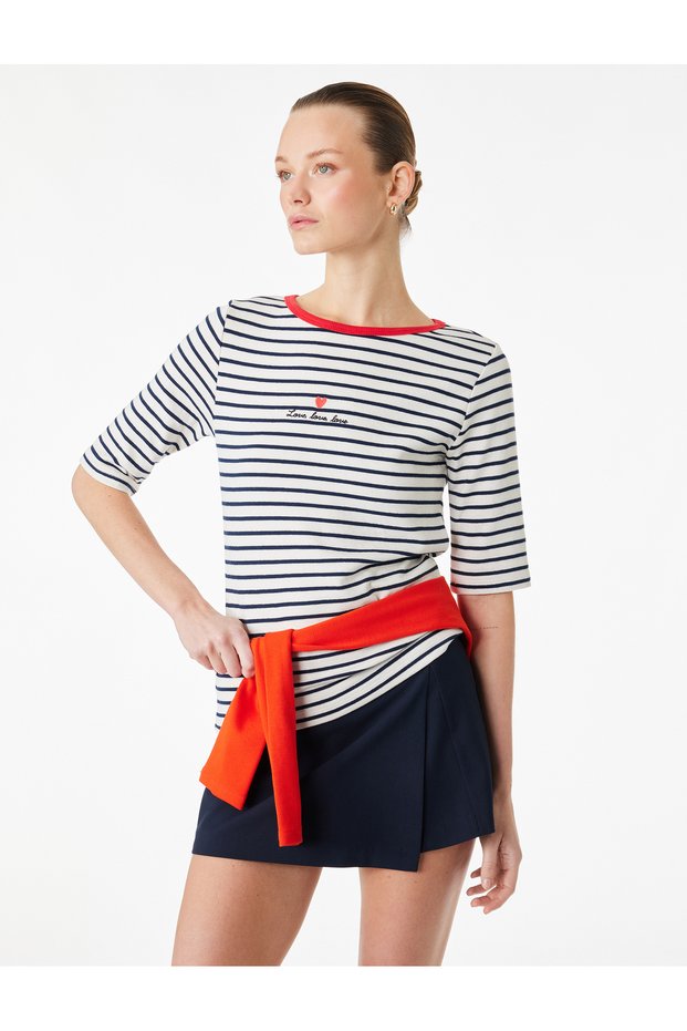 Slim Fit Short Sleeve Crew Neck Striped T-Shirt with Heart Embroidery Detail