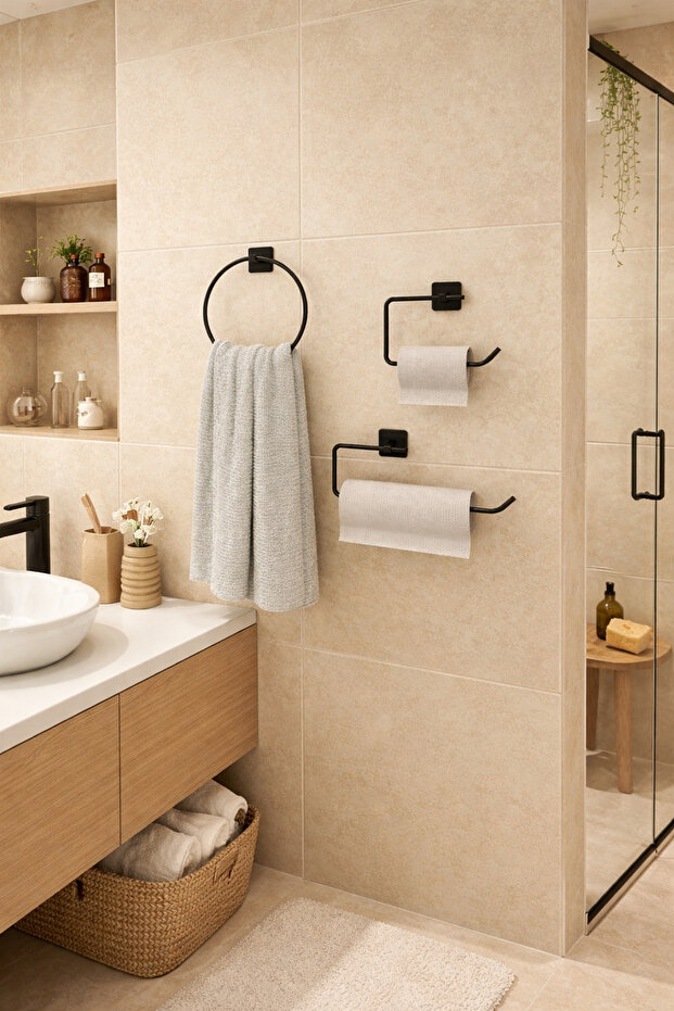 Alper Banyo Jasmin Yapışkanlı Siyah Kare 3'lü Banyo Seti | Tuvalet Kağıtlığı, Solo Havluluk, Yuvarlak Havluluk