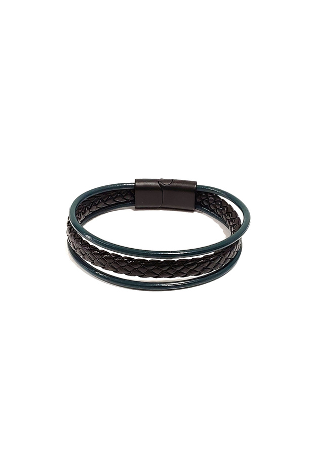 Navy Blue Black Knitted and Leather Combination Men's Bracelet | Genuine Leather – Magnetic Metal Buckle Design