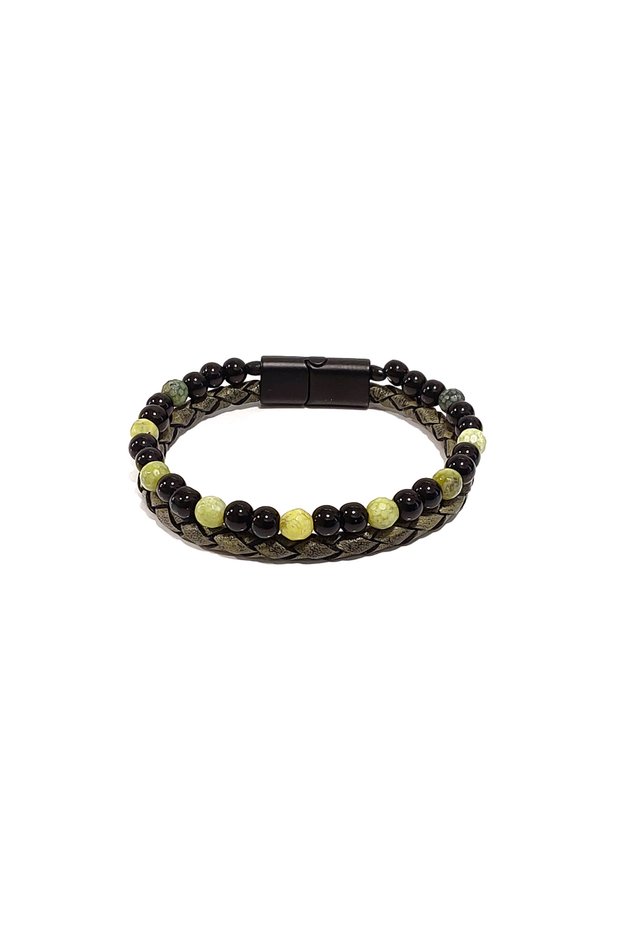 Khaki Natural Stone Genuine Leather Men's Bracelet | Natural and Stylish Design with Magnetic Metal Buckle