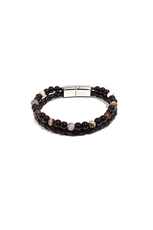 Black Men's Beaded and Leather Braided Magnetic Metal Buckle Bracelet – Stylish and Modern Design