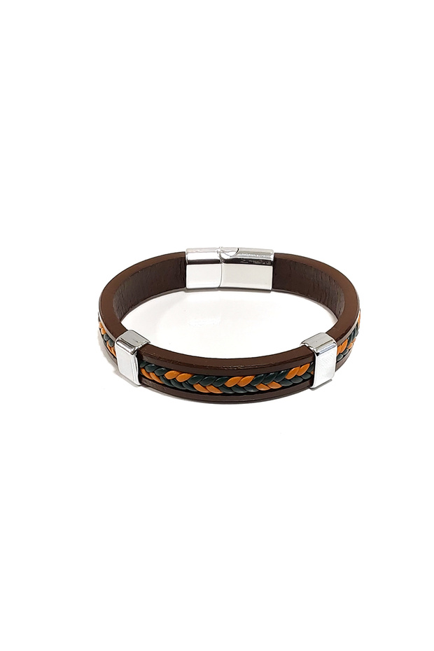 Brown Stylish Round Snake Skin Hair Hand-Knitted Genuine Leather Men's Bracelet-With Magnetic Metal Buckle 35-85