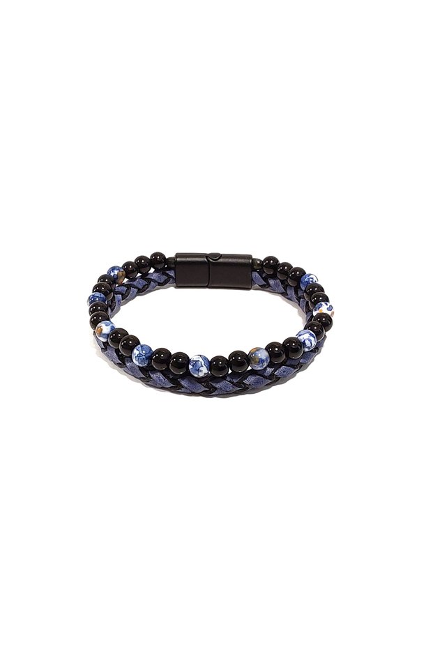 Blue Natural Stone Genuine Leather Men's Bracelet | Modern and Elegant Design with Magnetic Metal Buckle