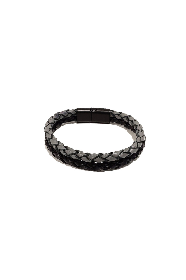 Night Lightning Black Gray Braided Genuine Leather Men's Bracelet - Magnetic Clasp - Masculine Design - 1193