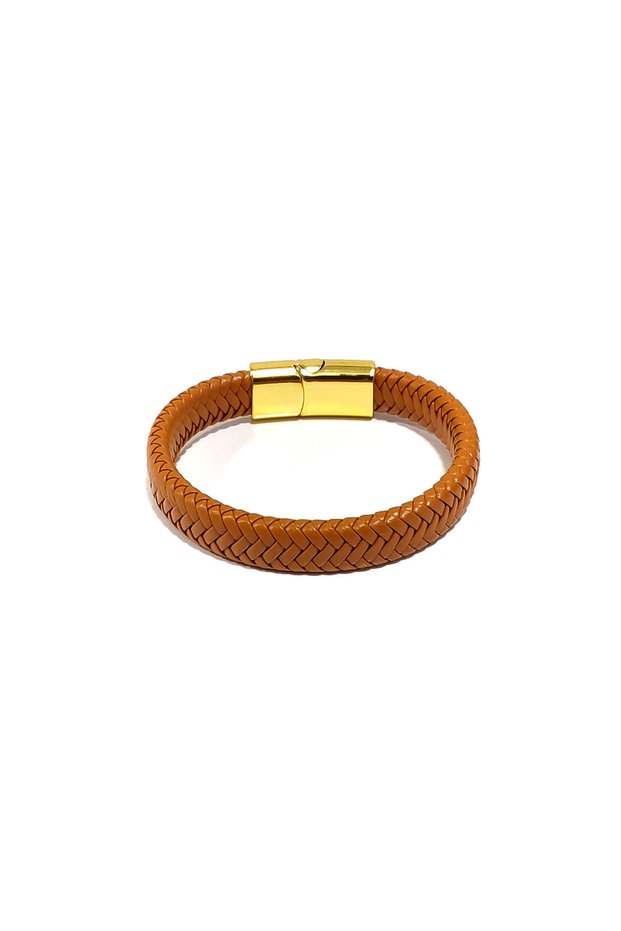 Tan Herringbone Braided Genuine Leather Men's Bracelet | Classic and Stylish Design with Magnetic Metal Buckle