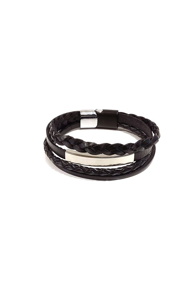 Black Leather Layered Bracelet for Men with Braided Detail – Genuine Leather Design with Magnetic Metal Clasp