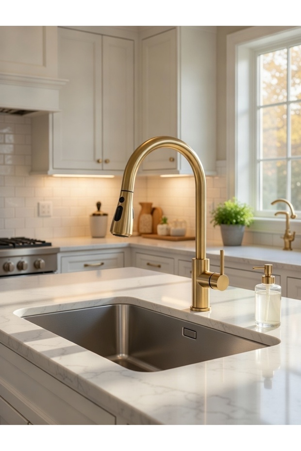 Matte Gold Vintage Spiral Kitchen Faucet - Antique Kitchen Sink Faucet - Matte Gold Brass Kitchen Faucet
