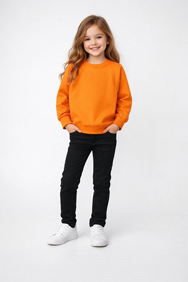 Bebolly Unisex Basic Mevsimlik Çocuk Okul Sweatshirt %100 Pamuk 1-8 Yaş Turuncu