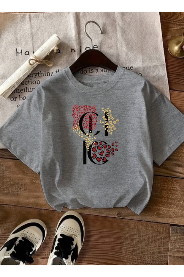 Women's Stylish Design Chic Lettered Crew Neck Gray T-Shirt