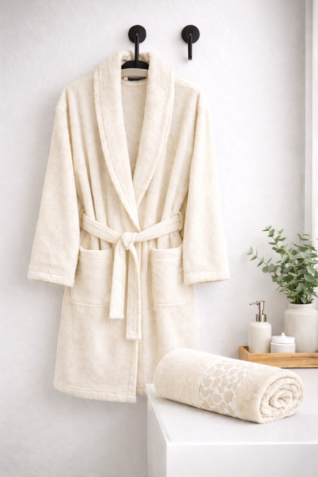Cream Colored 100% Cotton Jacquard Stone Double Bathrobe Set