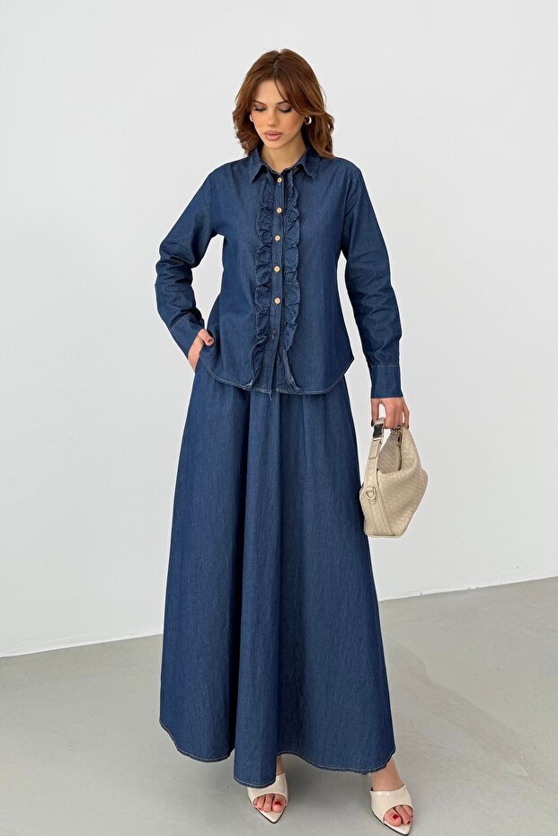 Women's Dark Blue Ruffle Shirt Skirt Denim Bottom Top Set