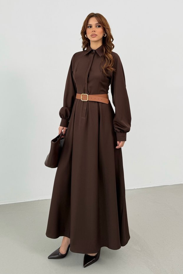 Women's Brown Belt Detail Balloon Sleeve Silky Woven Dress