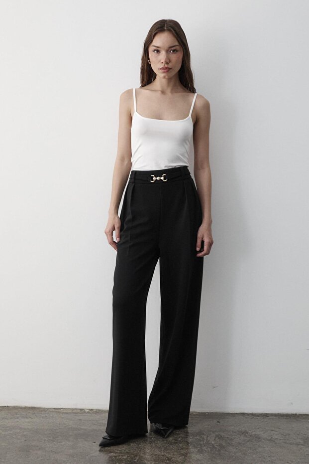 Women's Lycra Buckle Belt Detailed Elastic Palazzo Trousers Black
