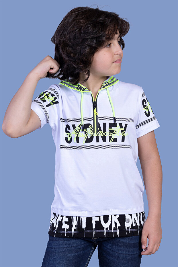 Boy's Printed Hooded Zippered Short Sleeve T-Shirt