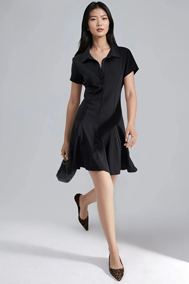 BUSEM Düğmeli Krep Gömlek Yaka Mini Elbise - 1