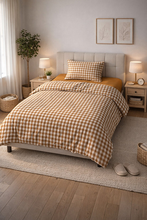Double-Sided Cinnamon Gingham Patterned - Printed Single Duvet Cover Set - 1