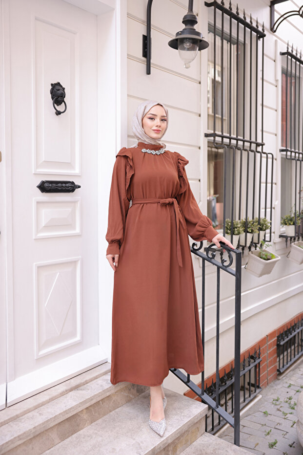 Hijab Dress - Brown, Stone Detailed