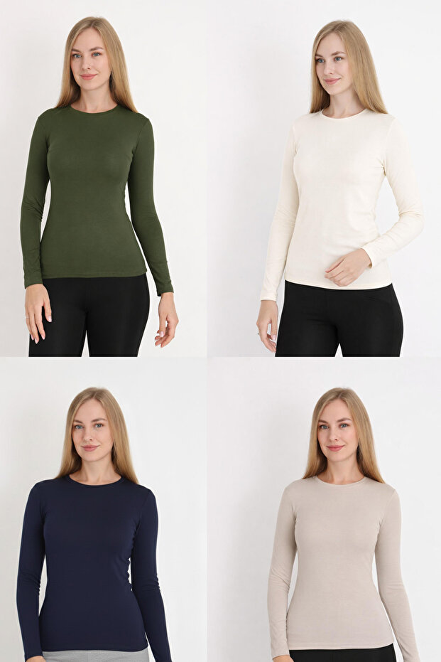 Women's Long Sleeve 4-Pack Plain Collar T-Shirt