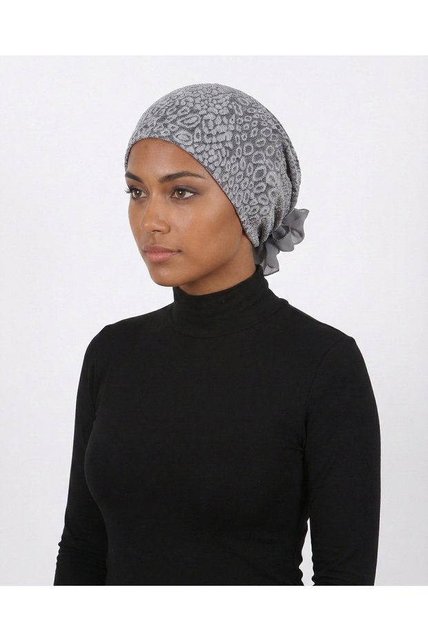 Brocade Tulle Gray Ready-To-Wear Turban Hijab Bonnet Suitable for Medical Use