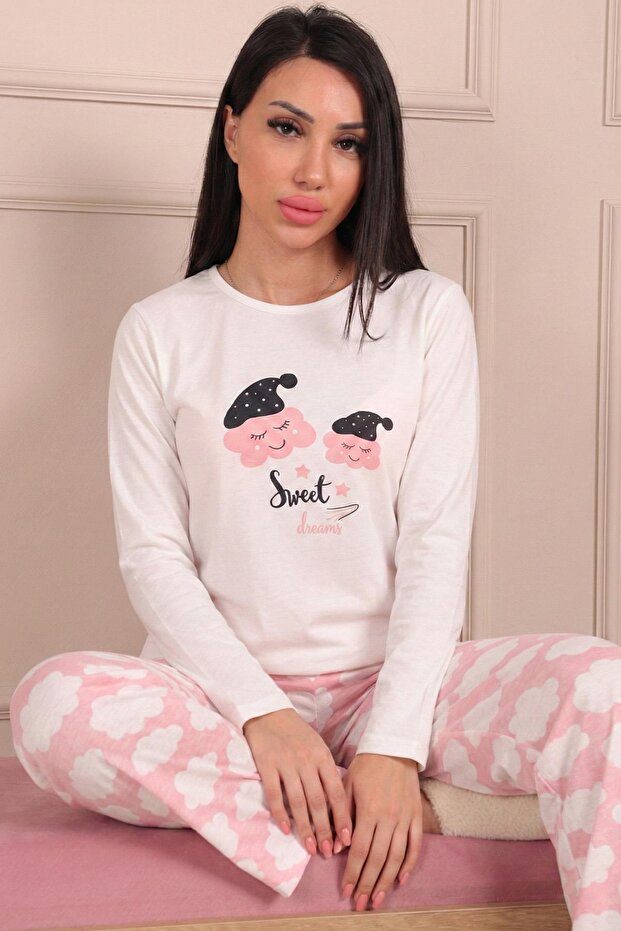 Women's Sweet Dream Slogan and Six Clouds Printed Combed Cotton Pajama Set