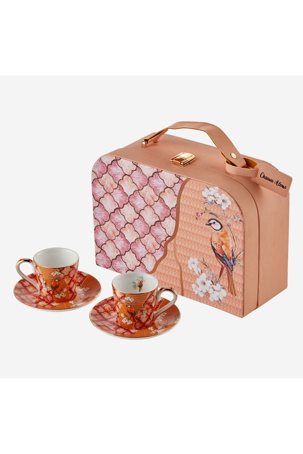 Golden Serenade Orange Porcelain Leather Set of Bag Coffee Cups 80 ml