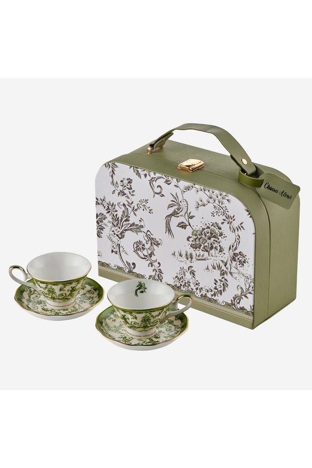 Flower Garden Green Porcelain Leather Set of Bag Coffee Cups 90 ml